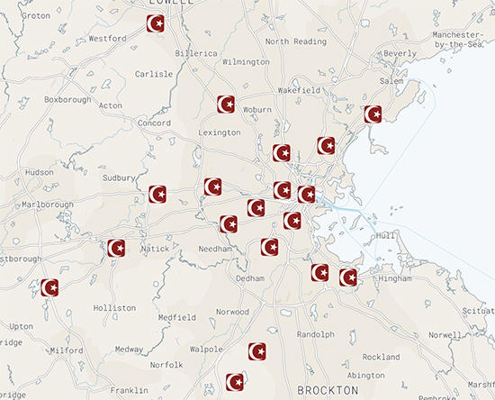 Map of Islamic Centers in Boston