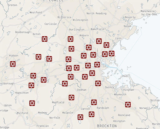 Map of Jewish Centers in Boston