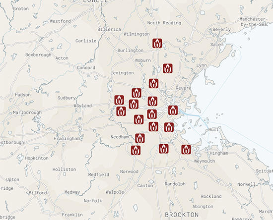 Map of UU Centers in Boston